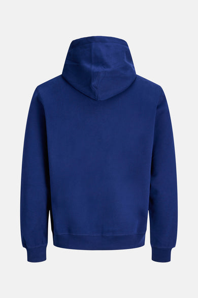 Blauwe sweater met kap van ORIGINALS BY JACK & JONES, gezien van achteren, met lange mouwen en geribde manchetten.