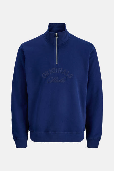 Blauwe sweater met rits van ORIGINALS BY JACK & JONES, met opdruk van de merknaam op de borst.