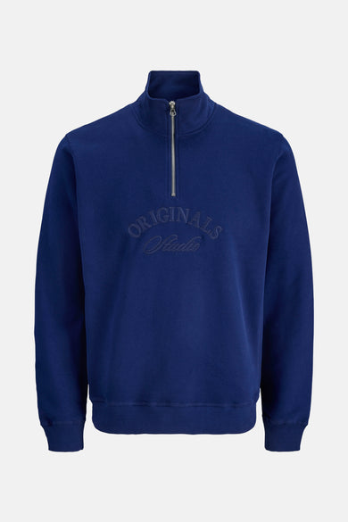 Gilet bleu avec fermeture éclair d'ORIGINALS BY JACK & JONES, imprimé du nom de la marque sur la poitrine.