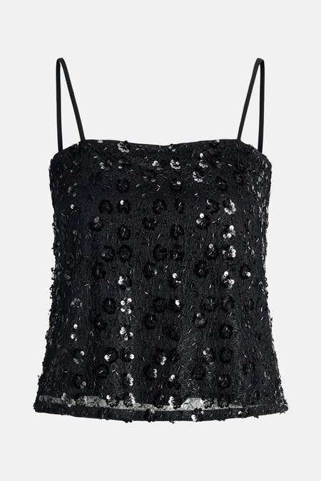 Blouse noire sans manches de JJXX, avec des motifs floraux, des paillettes et des fines bandes.