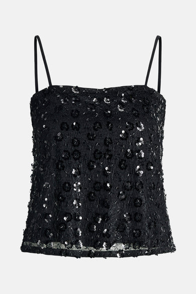 Blouse noire sans manches de JJXX, avec des motifs floraux, des paillettes et des fines bandes.