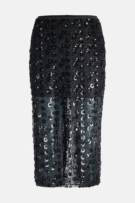 Longue jupe noire de JJXX, avec des volants à motif floral et une partie inférieure transparente.