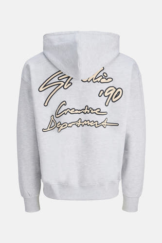 Pull-over gris avec capuche d'ORIGINALS BY JACK & JONES, avec une inscription sur le dos.