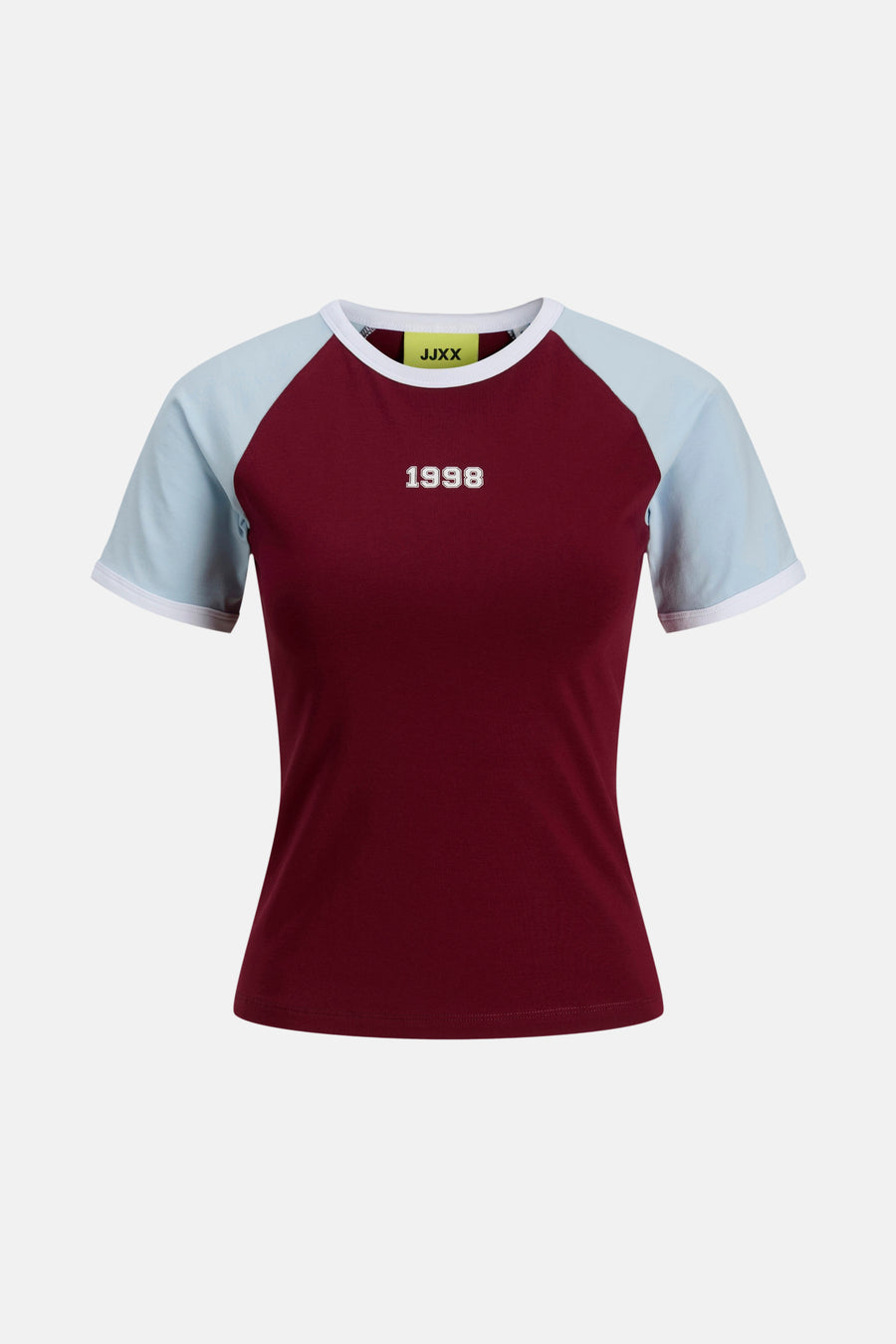 T-shirt Bordeaux à manches courtes de JJXX, avec une patte blanche et un étiquette dans le col.