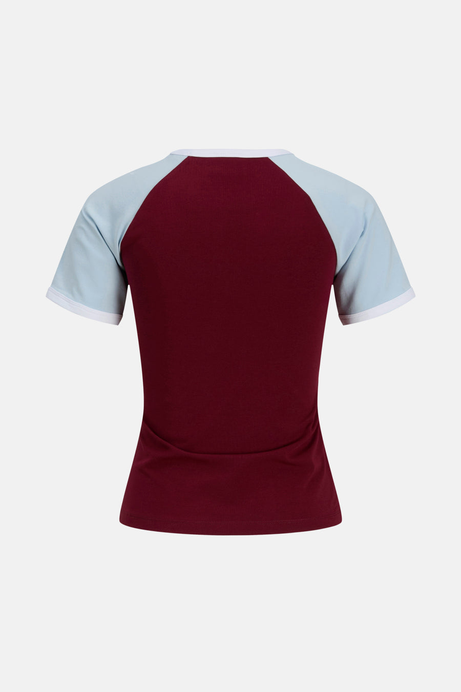 T-shirt Bordeaux à manches courtes de JJXX, avec des manches raglan bleu clair et un bord blanc, dos.