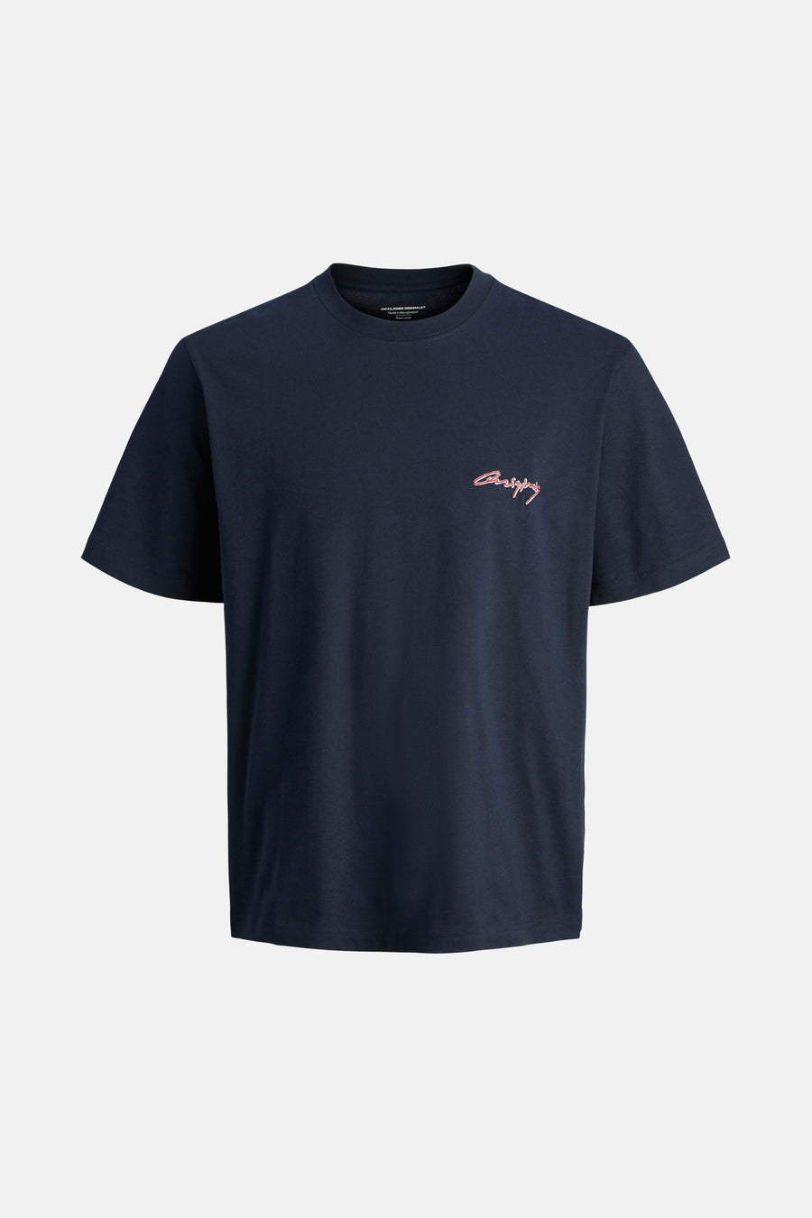 T-shirt bleu à manches courtes d'ORIGINALS BY JACK & JONES, détail de la ligne de col avec étiquette.