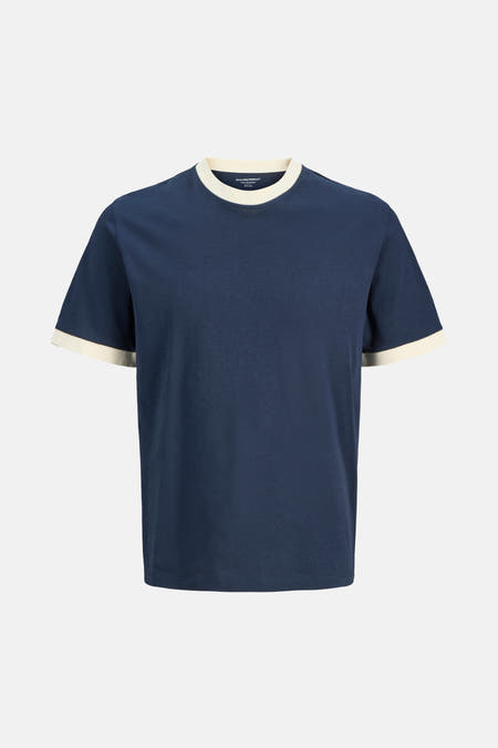 T-shirt bleu à manches courtes de ORIGINALS BY JACK & JONES, fini avec des passepoils contrastés.