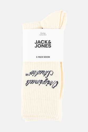 Beige sokken van ACCESSORIES BY JACK & JONES met donkerblauwe 'Originals Studio' tekst, verpakt in karton.