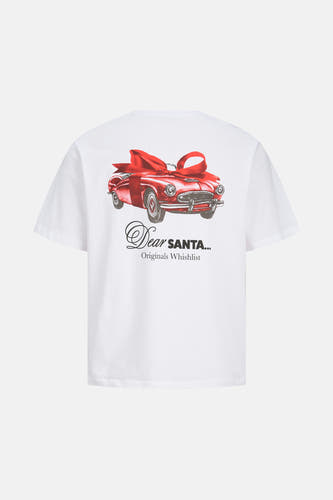 Wit T-shirt met korte mouwen van ORIGINALS BY JACK & JONES, met een rode auto met een strik erop en de tekst "Dear Santa..."