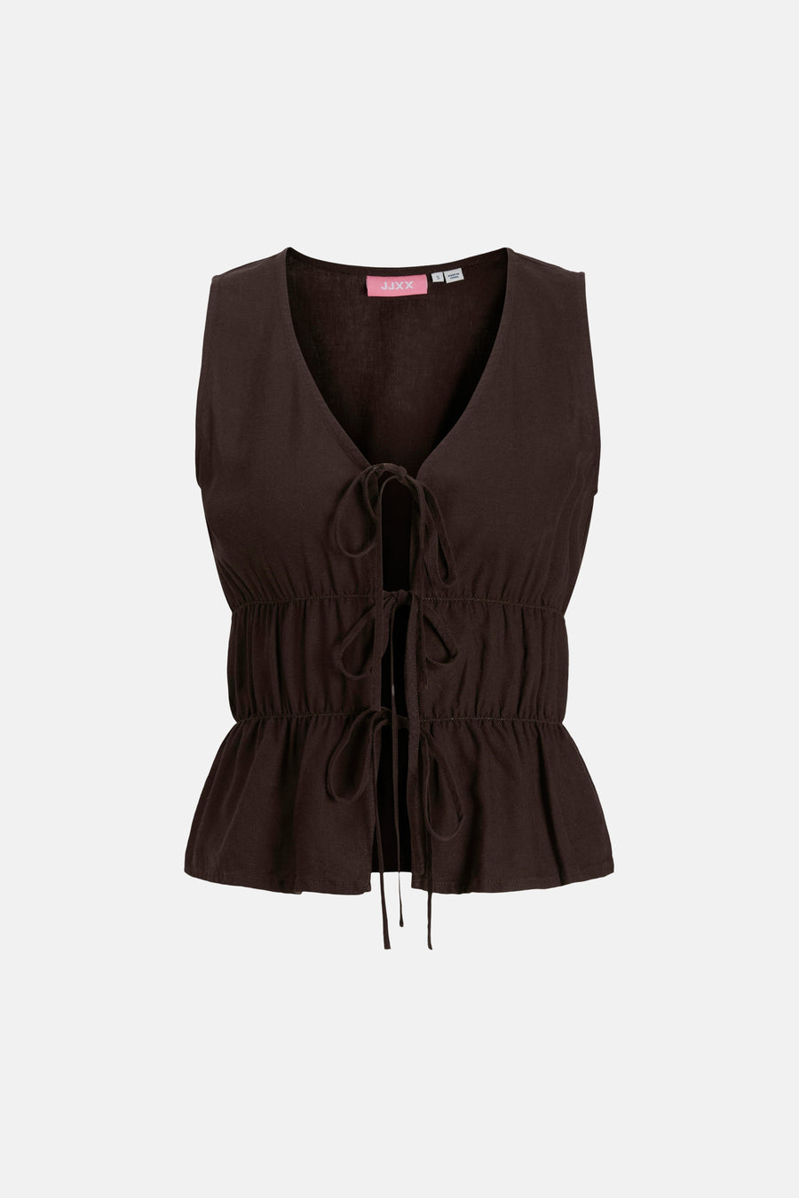 Bruine mouwloze blouse van JJXX met V-hals, strikdetail aan de voorkant en elastische taille met peplumzoom.