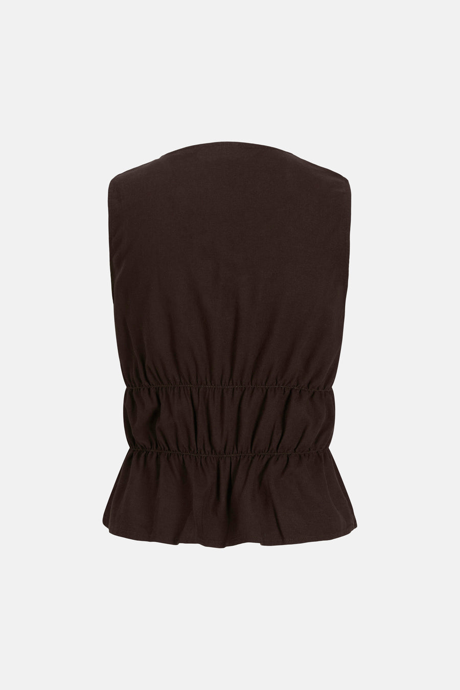 Bruine mouwloze blouse van JJXX, achterkant met gerimpelde taille en licht uitlopende zoom.