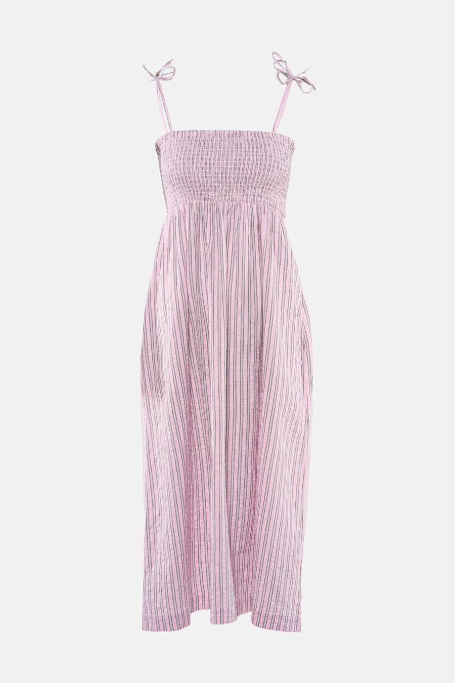 Roze mouwloos kleedje van JJXX met strepen, een gesmokt lijfje en strikbandjes.