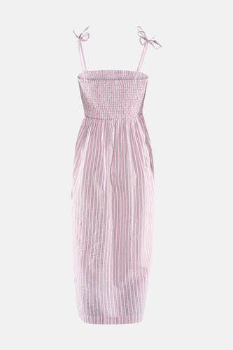Roze gestreept kleedje van JJXX met gerimpeld lijfje en strikbandjes.