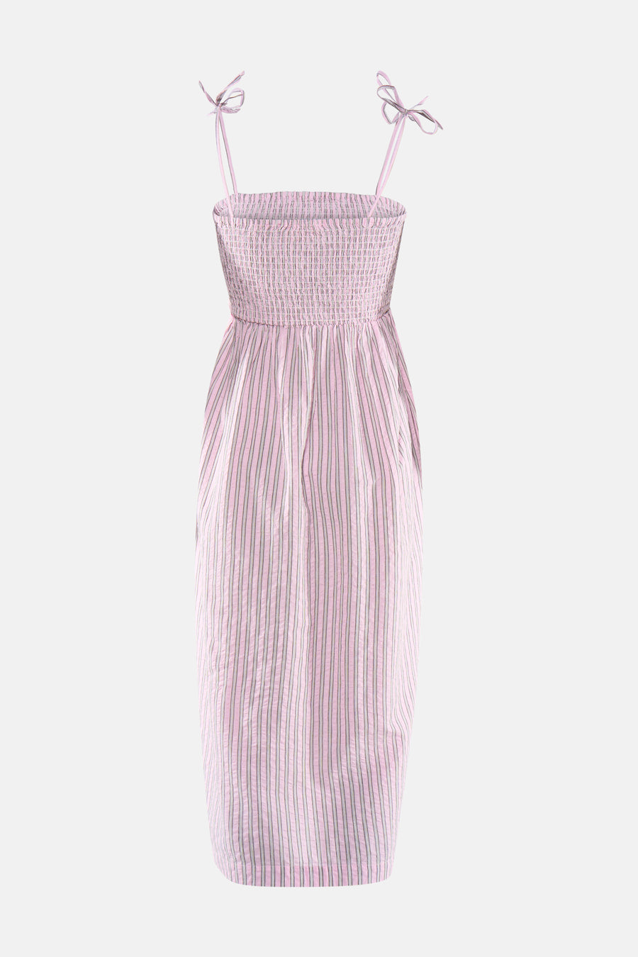 Roze gestreept kleedje van JJXX met gerimpeld lijfje en strikbandjes.