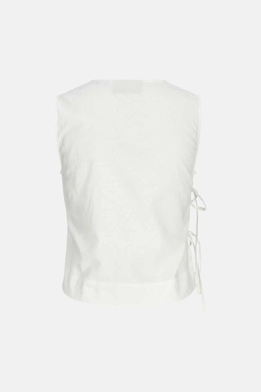 Witte mouwloze blouse van JJXX met subtiele textuur en strikbandjes aan de zijkant, achterkant.
