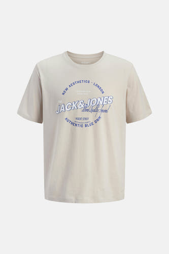 T-shirt beige à manches courtes d'ORIGINALS BY JACK & JONES, avec une impression bleue vintage inspirée sur la partie avant.