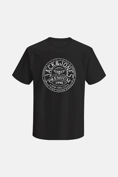 T-shirt noir à manches courtes de PREMIUM BLUE par JACK & JONES, avec une impression de logo blanc sur la poitrine.