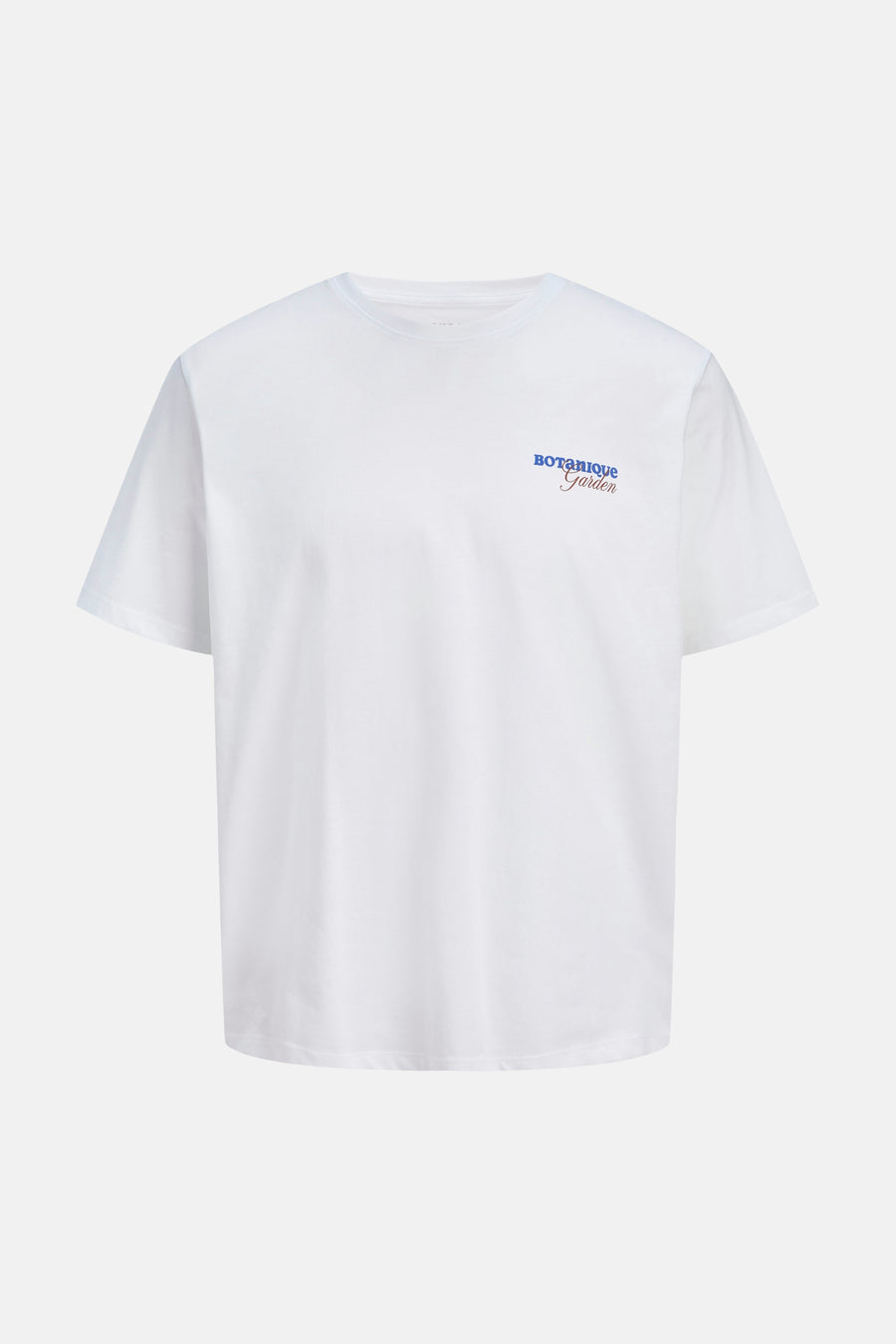 T-shirt blanc de ORIGINALS BY JACK & JONES, avec un petit texte bleu et marron sur la poitrine.