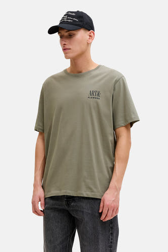 T-shirt de couleur kaki de la marque ORIGINALS BY JACK & JONES à manches courtes et imprimé noir.