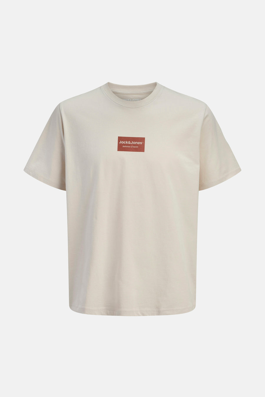Beige T-shirt met korte mouwen van CORE BY JACK & JONES, met een rechthoekig logo op de borst.