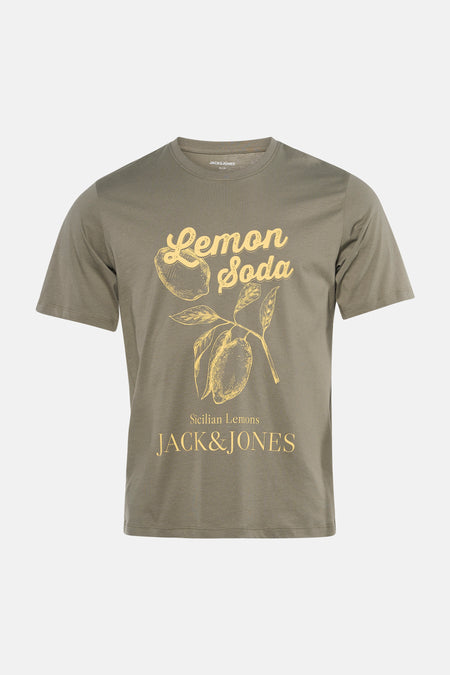 Kaki T-shirt met geel "Lemon Soda" print van ORIGINALS BY JACK & JONES, met citroenillustratie en ronde hals, front view