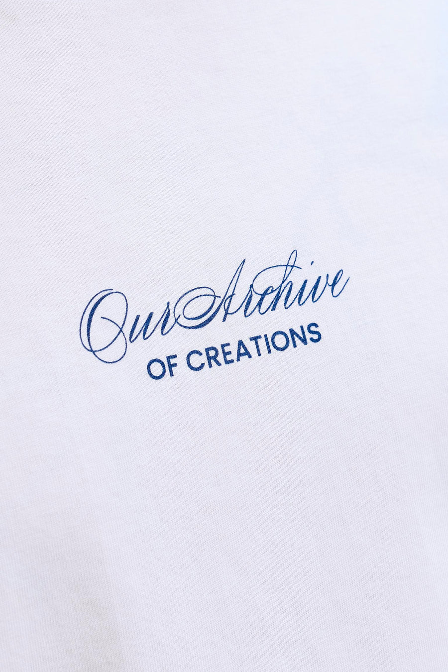 Wit T-shirt van ORIGINALS BY JACK & JONES met blauwe print 'Our Archive OF CREATIONS' op de witte stof, close-up.