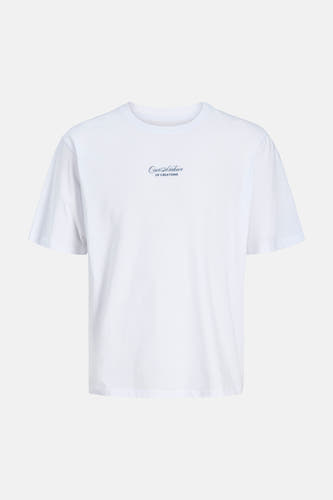 Wit T-shirt van ORIGINALS BY JACK & JONES met ronde hals en blauwe tekstprint op de borst.