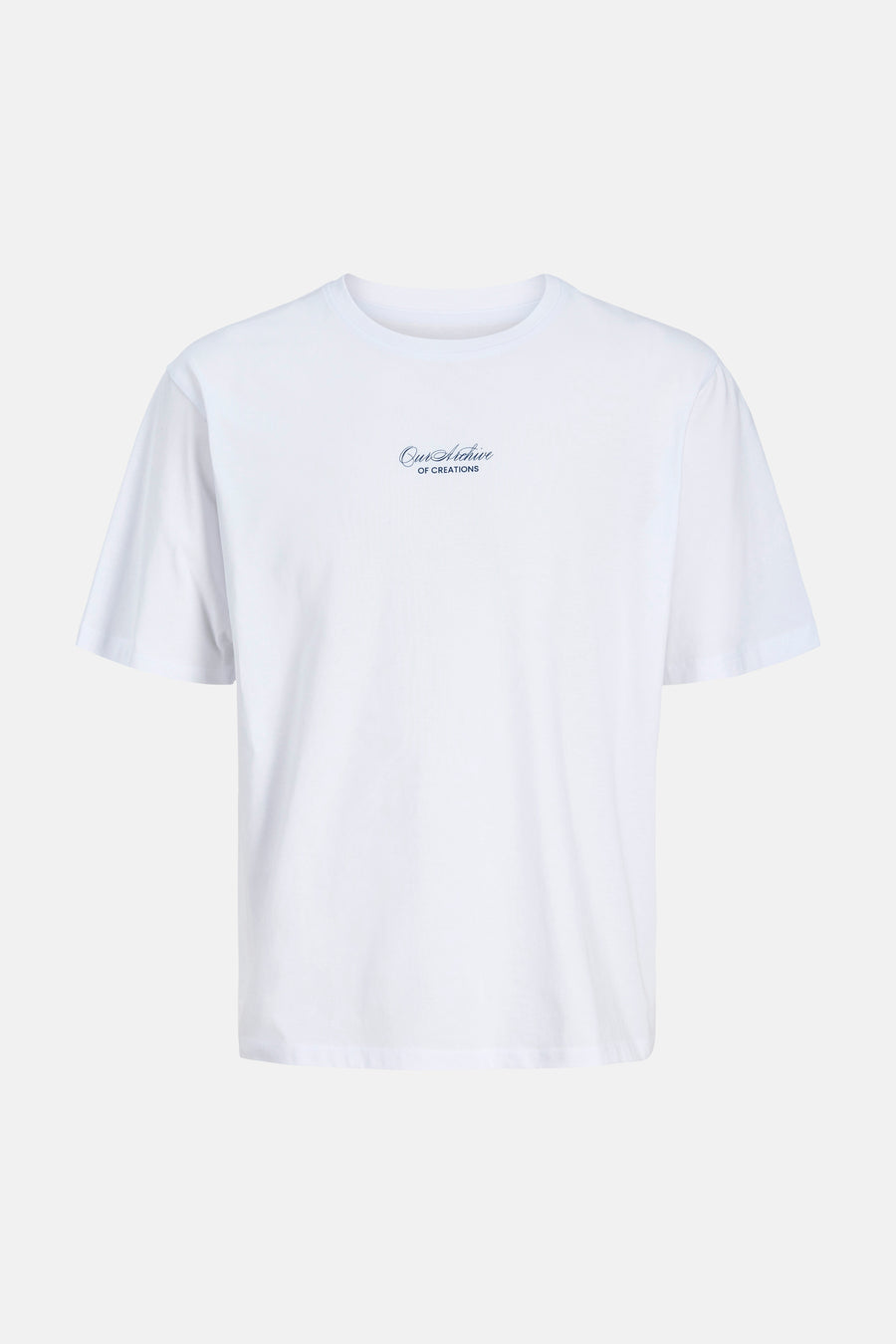 Wit T-shirt van ORIGINALS BY JACK & JONES met ronde hals en blauwe tekstprint op de borst.
