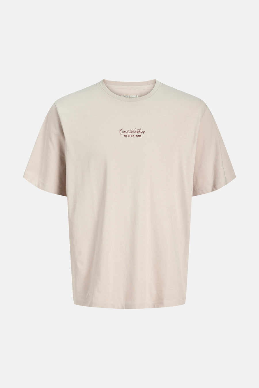 Beige T-shirt van Originals by Jack & Jones met de tekst 'Our Archive OF CREATIONS' in roodbruin op de borst.
