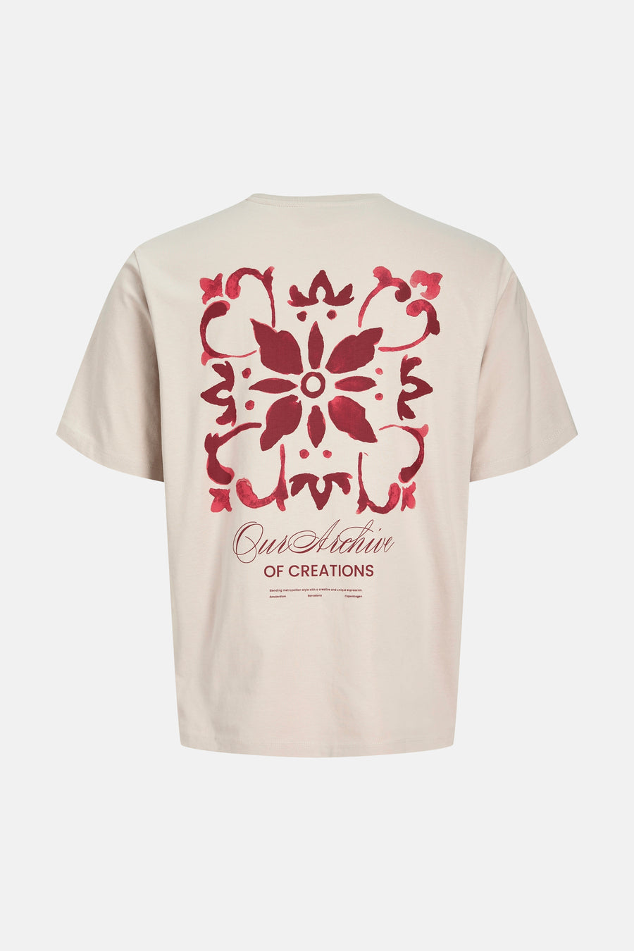 Beige T-shirt met korte mouwen van ORIGINALS BY JACK & JONES met een rode bloemen- en tekstprint op de rug.