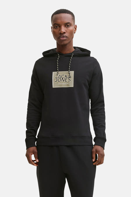 Gilet noir avec capuche de CORE by JACK & JONES, avec logo sur la poitrine et cordons.