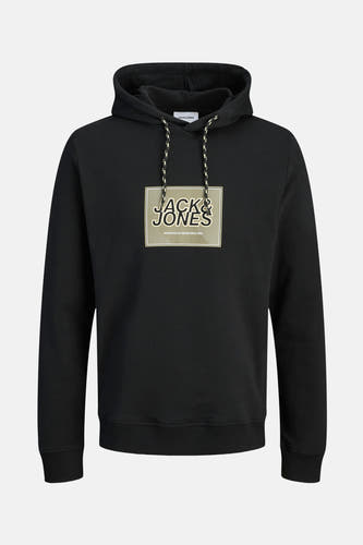 Zwarte sweater met kap van CORE BY JACK & JONES, met logo op de borst en trekkoorden.