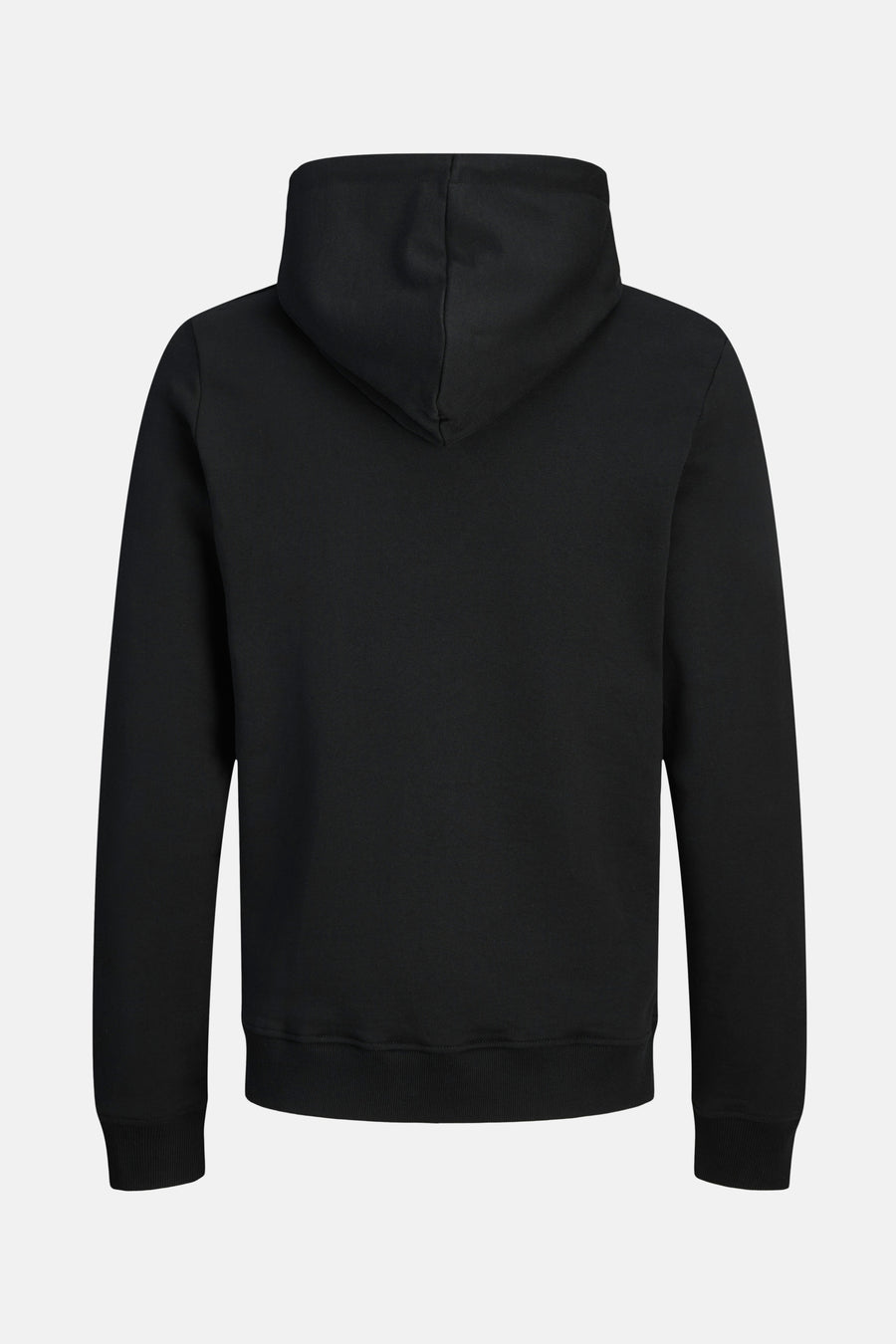 Zwarte sweater met kap van CORE BY JACK & JONES, achterkant weergegeven.