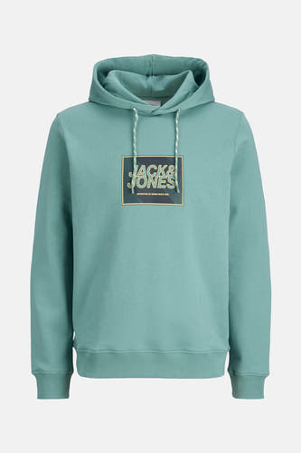 Sweater vert de cap de CORE par JACK & JONES, avec logo sur la poitrine et cordons de serrage.