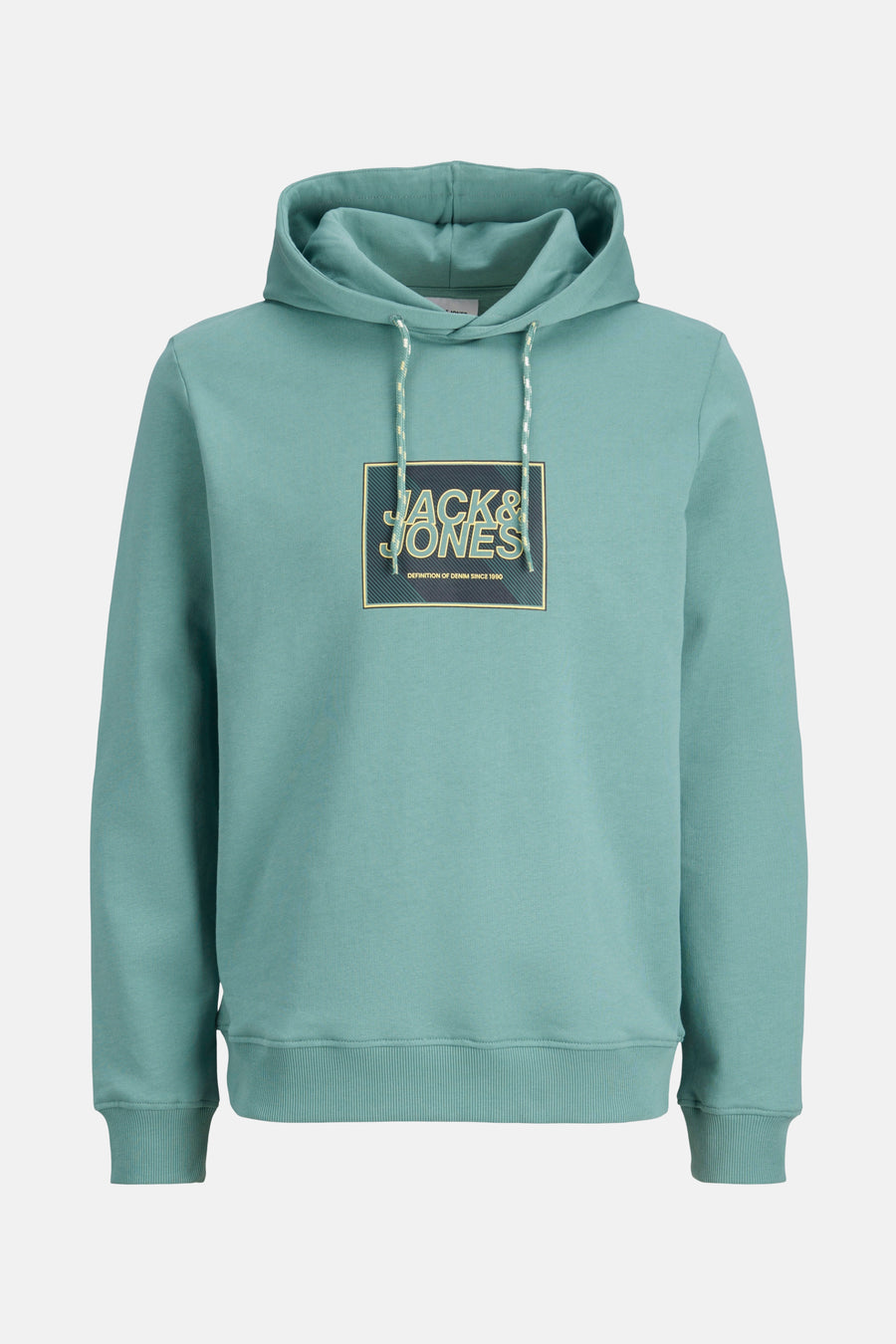 Sweater vert de cap de CORE par JACK & JONES, avec logo sur la poitrine et cordons de serrage.