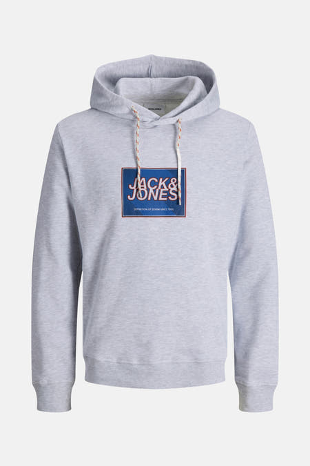 Grijze sweater met kap van Core by Jack & Jones, met een blauw logo op de borst en trekkoorden.