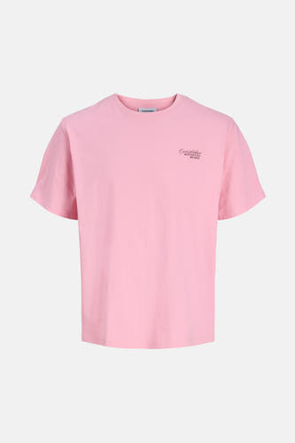 Roze T-shirt met korte mouwen van ORIGINALS BY JACK & JONES, met kleine donkerrode tekst rechts.