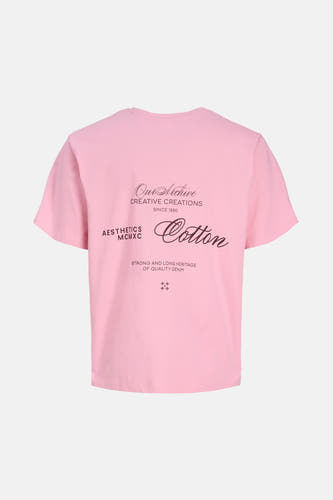 Roze T-shirt met korte mouwen van ORIGINALS BY JACK & JONES, met een zwarte tekstprint op de rug.
