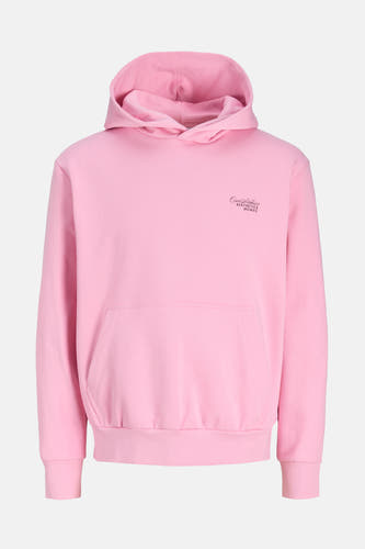 Roze sweater met kap van ORIGINALS BY JACK & JONES, met buidelzak en kleine zwarte tekstprint.