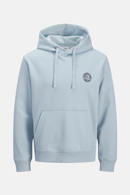 Pull-over bleu avec capuche d'ORIGINALS BY JACK & JONES, avec logo sur la poitrine et poche kangourou.