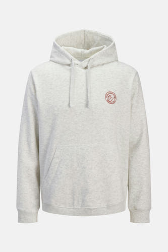 Witte sweater met kap van ORIGINALS BY JACK & JONES, met trekkoorden en een rood logo op de borst.
