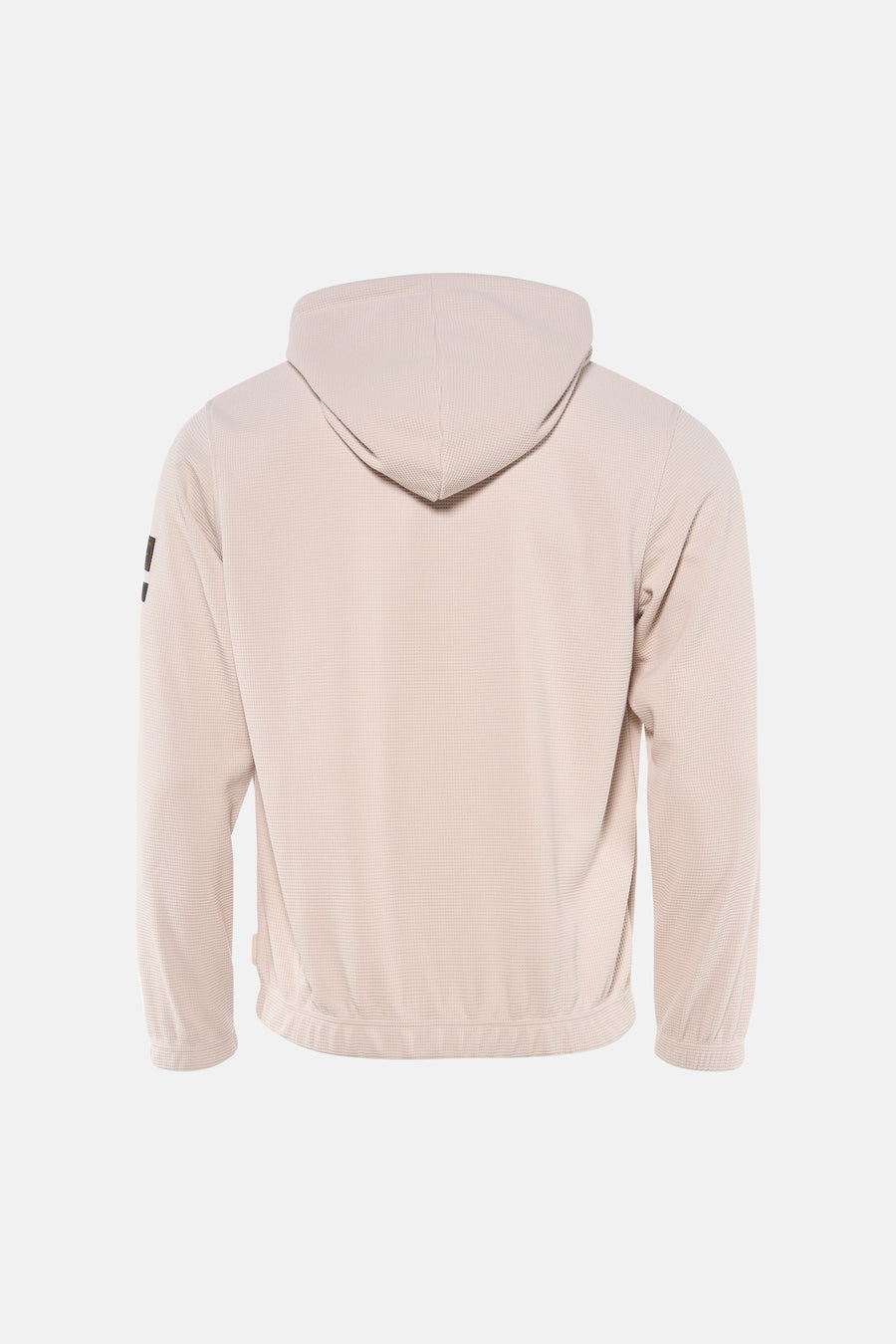Beige sweater met kap van CORE BY JACK & JONES, met een subtiele wafeltextuur en lange mouwen, gezien vanaf de achterkant.

