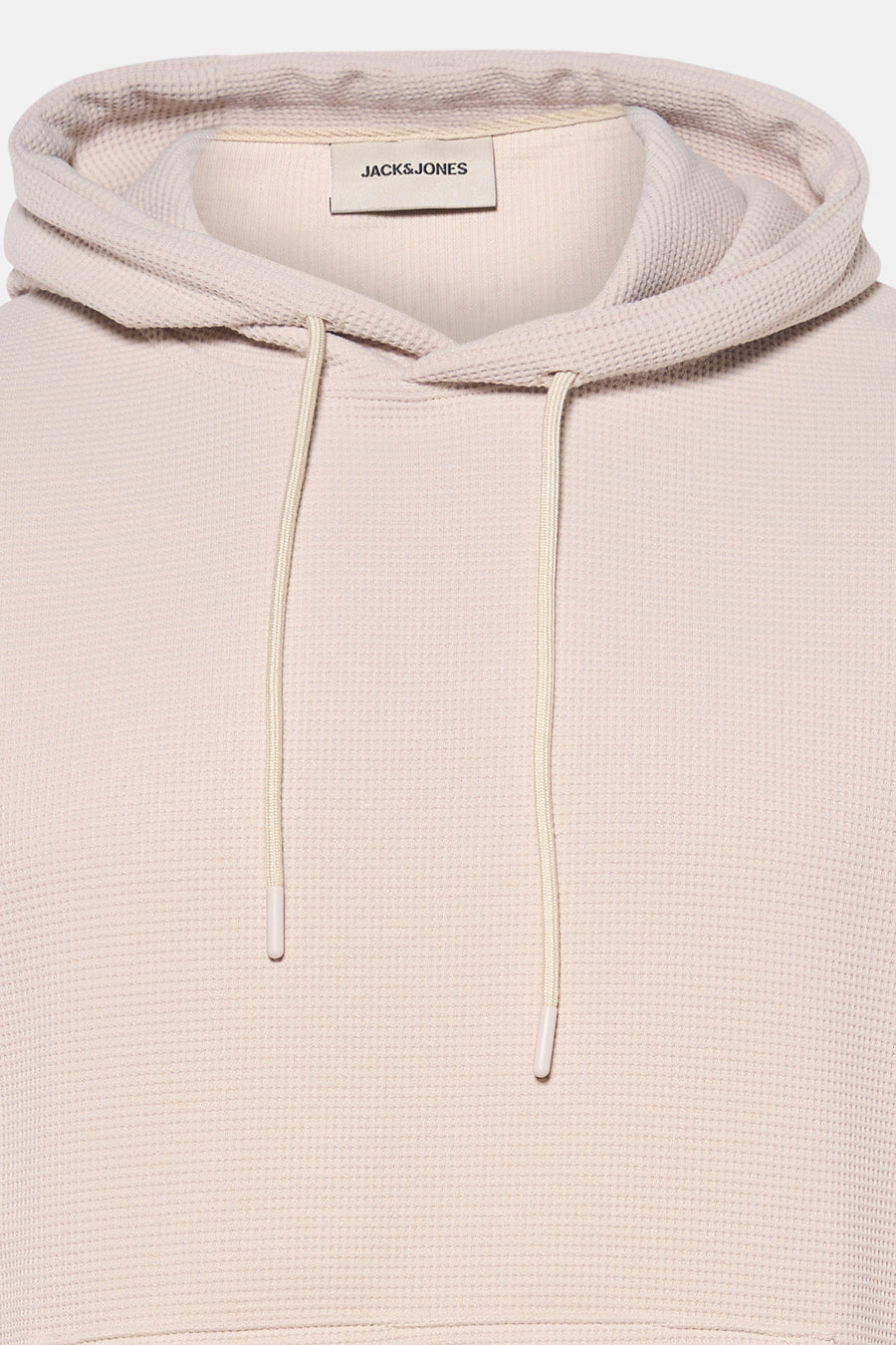 Beige sweater met kap van CORE BY JACK & JONES, met trekkoorden en een wafelstructuur.