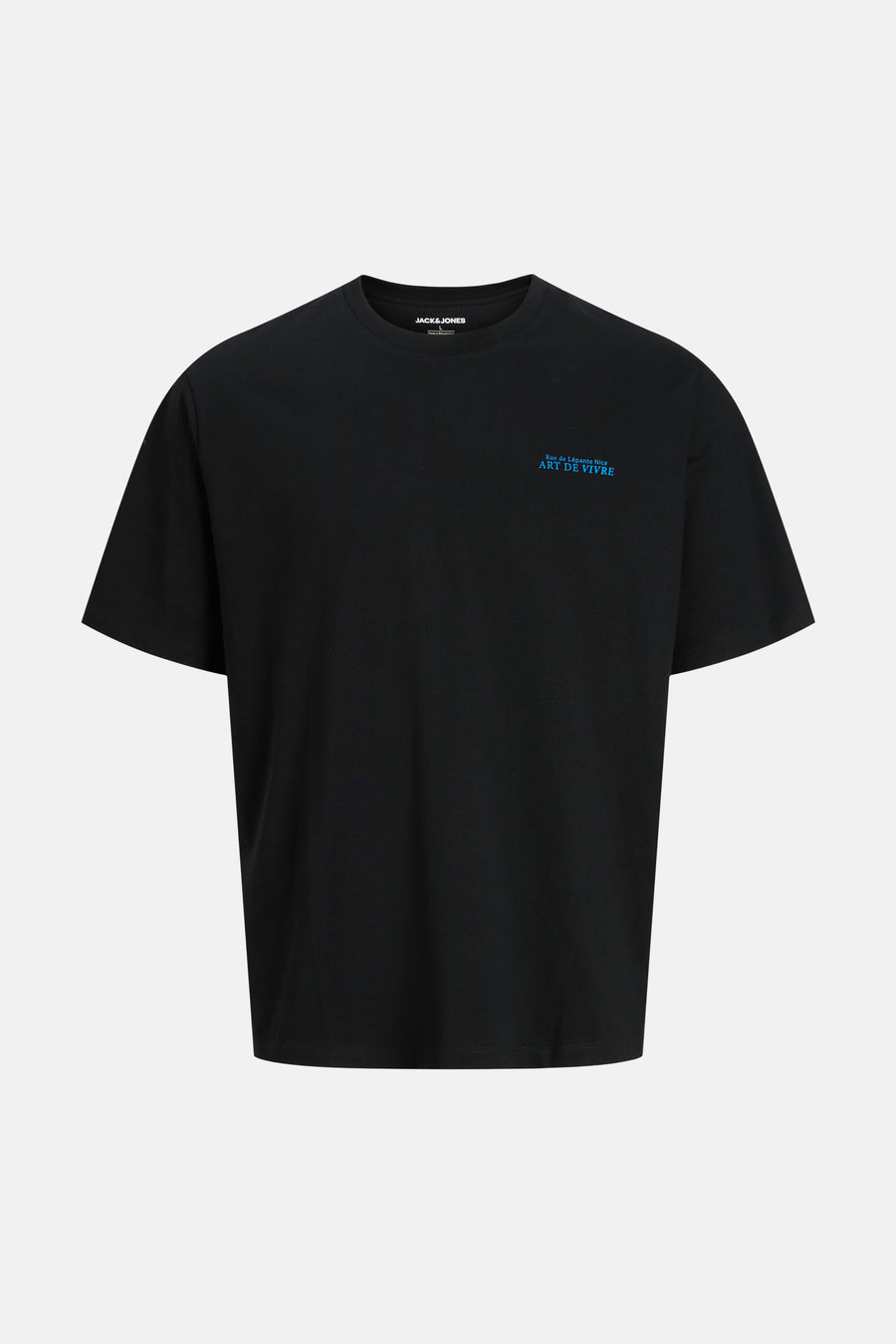 Zwart korte mouwen T-shirt van ORIGINALS BY JACK & JONES met klein blauw logo op borst, voorzijde weergave