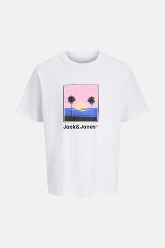 Wit T-shirt met korte mouwen van ORIGINALS BY JACK & JONES, met een grafische print van palmbomen en zonsondergang.