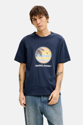 Blauw T-shirt met korte mouwen van ORIGINALS BY JACK & JONES, met ronde hals en print met palmboom en branding.