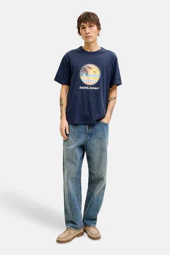 Blauw T-shirt met korte mouwen van Originals by Jack & Jones, met ronde hals en strandprint.