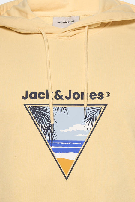 Gele sweater met kap van ORIGINALS BY JACK & JONES, met grafische print van een tropisch landschap.