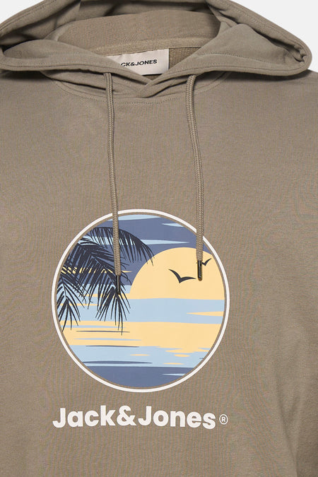 Kaki sweater met kap van ORIGINALS BY JACK & JONES, met tropische print en merklogo.
