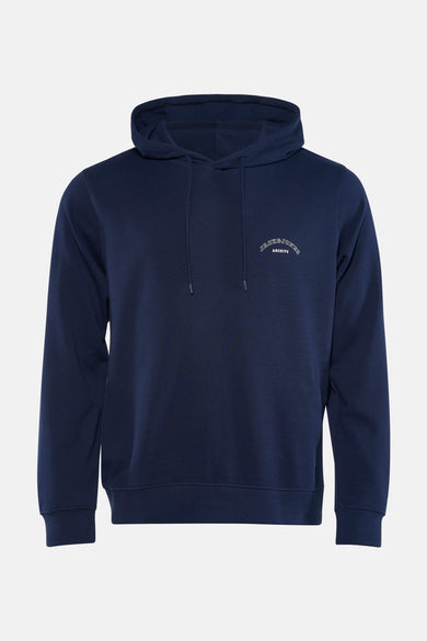 Pull-over bleu avec capuche d'ORIGINALS BY JACK & JONES, avec des cordons de serrage et une petite impression de texte blanc sur la poitrine.